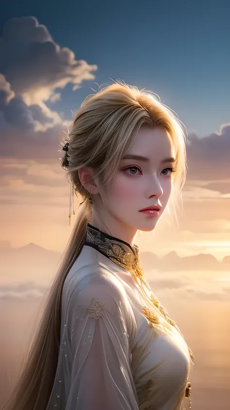 (masterpiece), Fine details, Smooth and natural, (1 Girl), Yellow hair, Qiancheng Xue, Hair and palm absorb , Beautiful and dignified, majestic, Rich background details , (cloud+Wide Angle),  thick and precise fog ,  an illusory sky, Beautiful paintings, i...