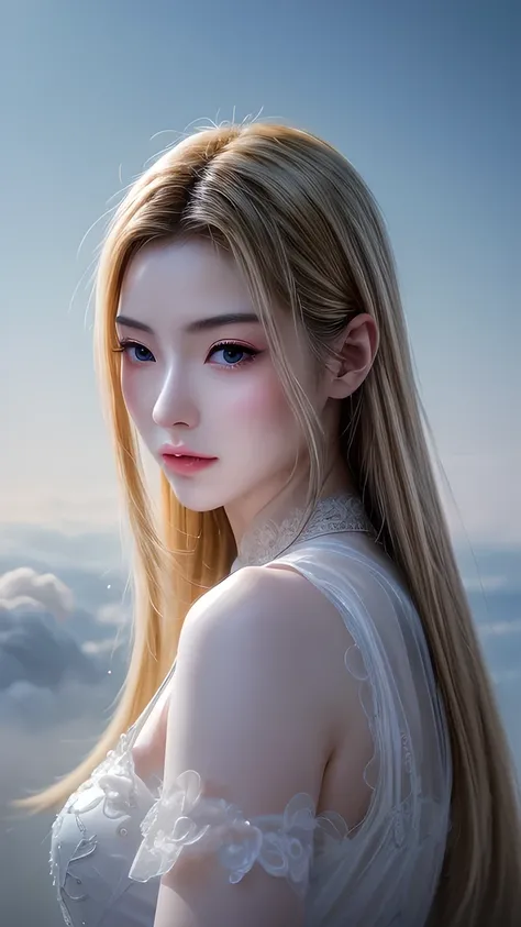 (masterpiece), Fine details, Smooth and natural, (1 Girl), Yellow hair, Qiancheng Xue, Hair and palm absorb , Beautiful and dignified, majestic, Rich background details , (cloud+Wide Angle),  thick and precise fog ,  an illusory sky, Beautiful paintings, i...