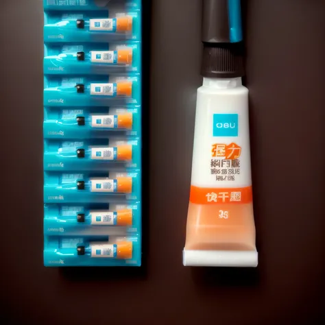   close-up of a tube of glue next to the glue package, 35840k movie, product , oil, product  image,  liquid glue spots  , official product  image, product  photo, Listing image, 35 mm product  photo”, detailed product  image, product photo,  fuji choco , p...