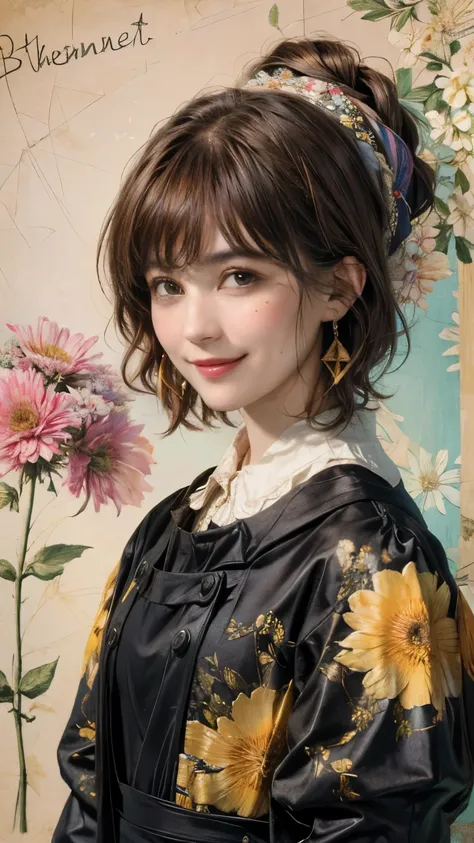 309 (20-year-old woman), ( super realistic), (High image quality), (( short hair)), (A kind smile), (Busty), (Rembrandt), (Floral) , (colorful)