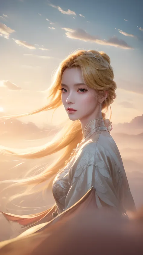 (masterpiece), Fine details, Smooth and natural, (1 Girl), Yellow hair, Qiancheng Xue,  hair and palm capture , Beautiful and dignified, majestic,  Rich background details , (cloud+Wide Angle),  thick and precise fog ,  an ethereal sky, Beautiful paintings...