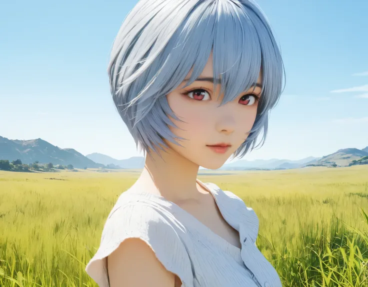 (best quality, 8k, high resolution:1.2), 1girl, ayanami_rei, grassland, blue sky, upper body