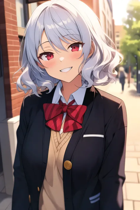 best quality, ultra-detailed, extremely detailed C, anime, 1 girl, solo, solo focus, solo, solo focus, short hair, silver hair,wavy hair, tired hair, red eyes, tsurime, POV, lovery, POV, dutch angle, smile, happy, laugh, light smile, half closed eyes, stan...