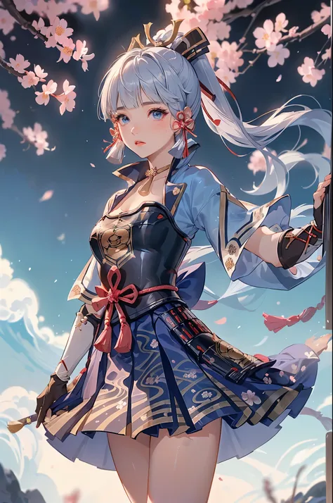 masterpiece, Best Quality, ((Ayaka Kamisato_ Genshin Impact)),(( 1 girl,Long Hair, blue hair , ponytail, Hair Ribbon,  hair accessories , Hold the  , blue eyes,breastplate,armor, Short sleeve,Japanese clothing,  Blue Skirt , Tassel,gloves, Arm guard,))[( h...