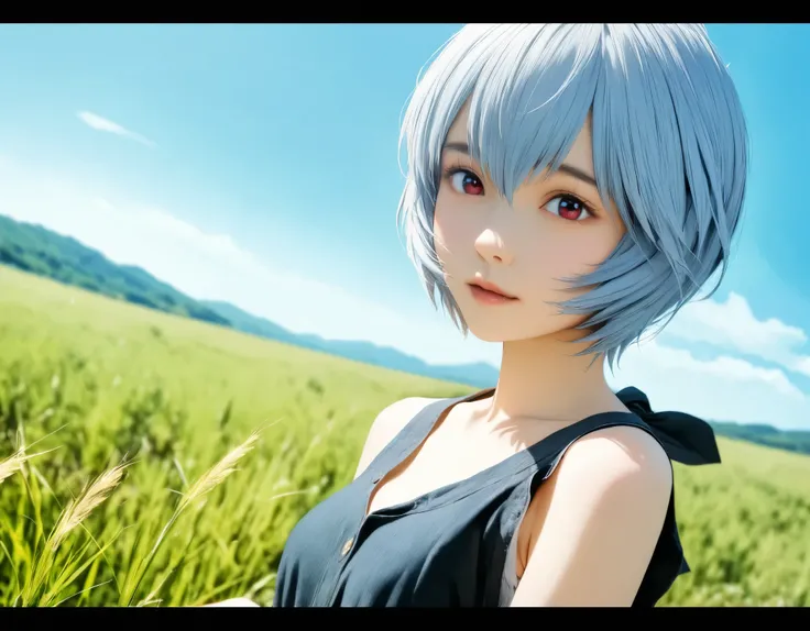 (best quality, 8k, high resolution:1.2), 1girl, ayanami_rei, grassland, blue sky, upper body