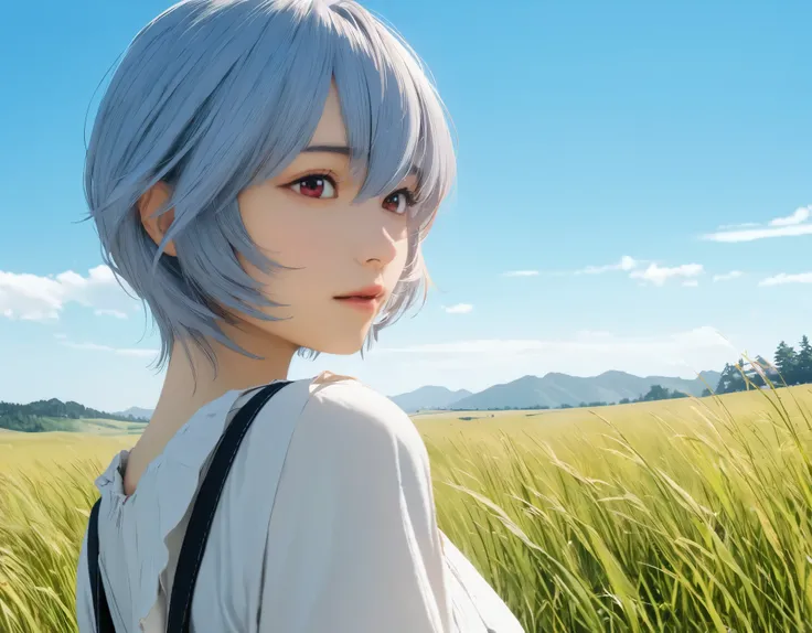 (best quality, 8k, high resolution:1.2), 1girl, ayanami_rei, grassland, blue sky, upper body