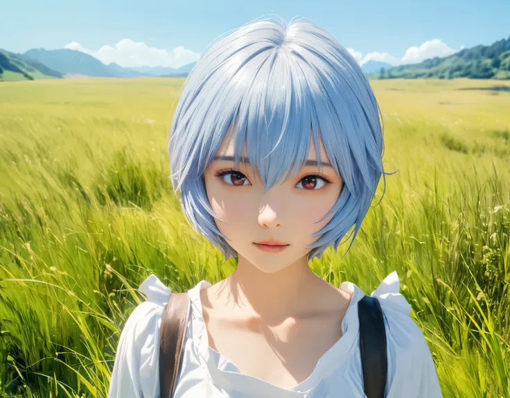 (best quality, 8k, high resolution:1.2), 1girl, ayanami_rei, grassland, blue sky, upper body