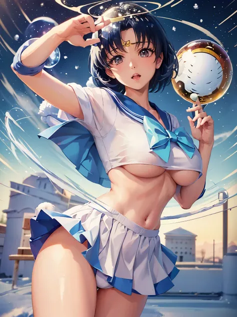 (super high quality) (Hand-drawn)  Sailor Mercury is standing on a reflective surface、(空には明るい大きなMercuryが見えます:1.5) , Her skirt is blue、The top is a white and blue sailor suit.. (Light blue ribbon:1.2), She has deep blue hair Sailor Moon ,  miniskirt, Real, ...