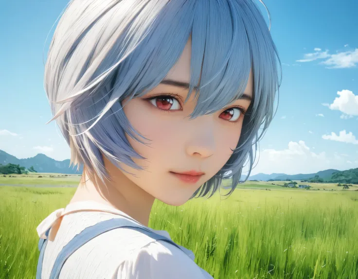 (best quality, 8k, high resolution:1.2), 1girl, ayanami_rei, grassland, blue sky, upper body