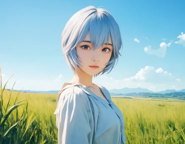 (best quality, 8k, high resolution:1.2), 1girl, ayanami_rei, grassland, blue sky, upper body