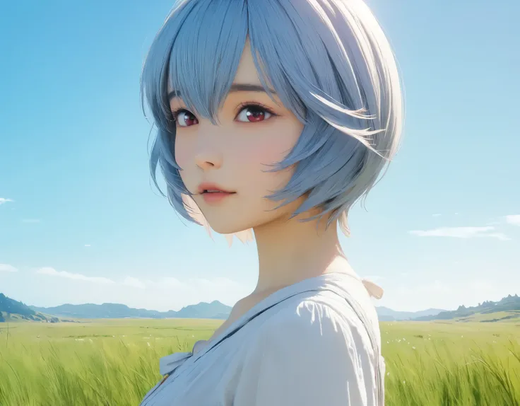 (best quality, 8k, high resolution:1.2), 1girl, ayanami_rei, grassland, blue sky, upper body