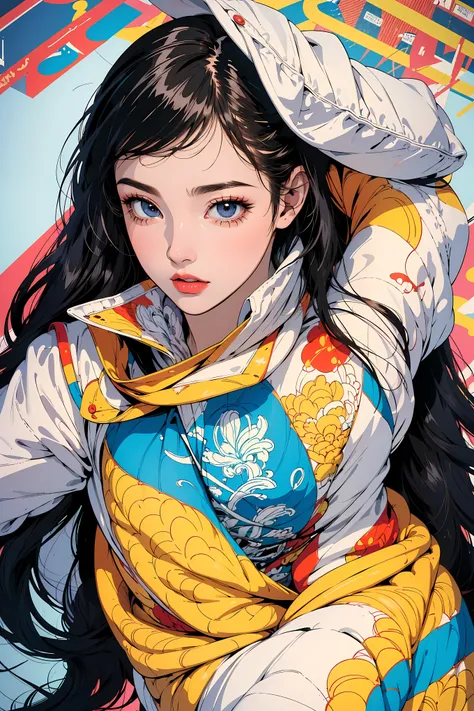 Close-up professional photo of a young woman wrapped in a colorful and warm quilt, Cel Shading, Bold outline, Flat Color, Sharp Shadow, Graphic Style, (Manga influence:1.3), Beautiful line drawing, Impressive visuals,comics