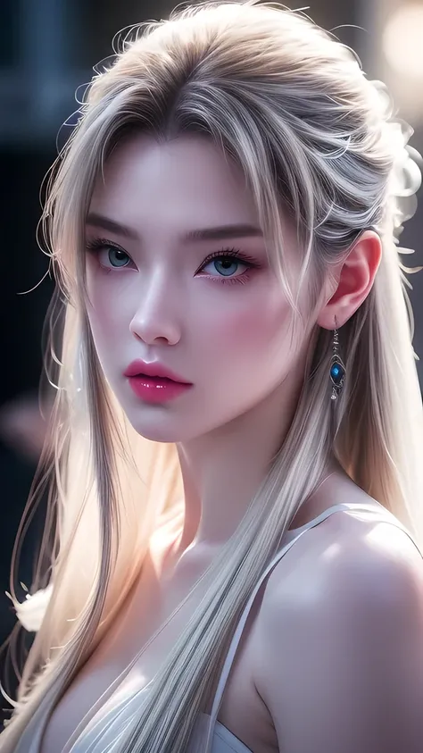 masterpiece, Best quality, Nearly perfect, (Perfect face:1.1), (High Detail:1.1), drama, (1 person), has fair skin, (Pure white long hair:1.4), White eyes, Otto Seppalainen, Solitary, Long white hair, White luxury suit, Cover your belly button, Snob, Albi...