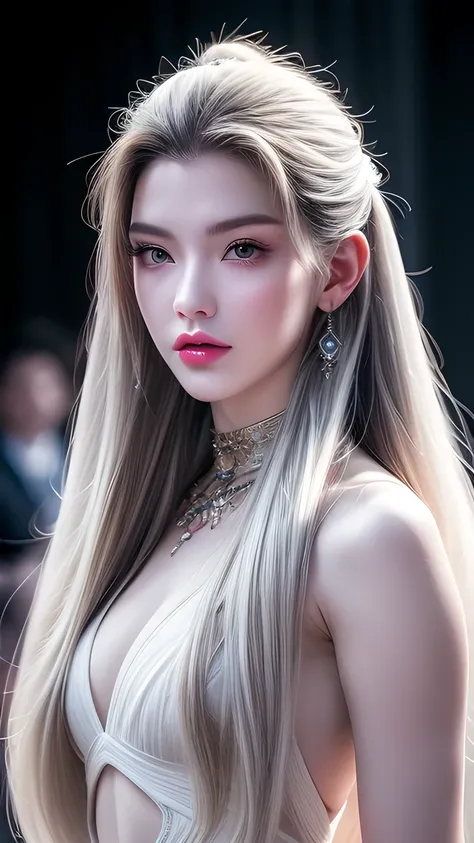 masterpiece, Best quality, Nearly perfect, (Perfect face:1.1), (High Detail:1.1), drama, (1 person), has fair skin, (Pure white long hair:1.4), White eyes, Otto Seppalainen, Solitary, Long white hair, White luxury suit, Cover your belly button, Snob, Albi...