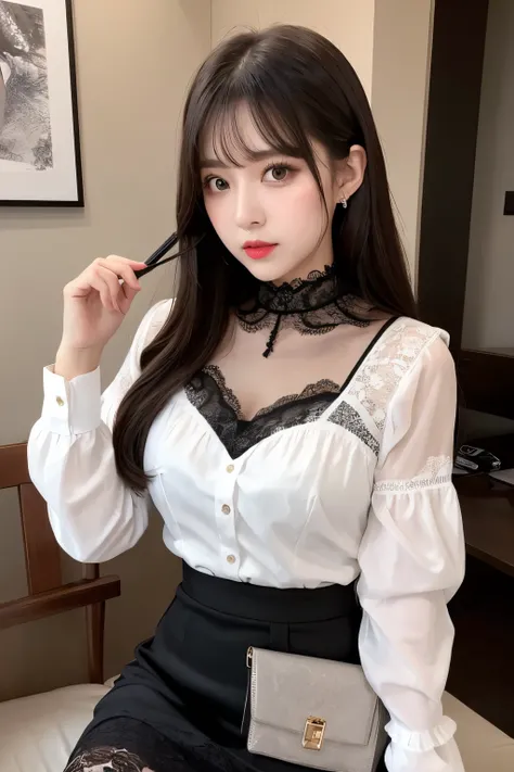 ( looks super detailed:1,4), ((masterpiece)),  is the best quality, A girl,  Eyeshadow,  Upper body, portrait, Full lace pencil skirt 、Black lace skirt、  super realistic pantyhose  ,   white shirt、 black choker、