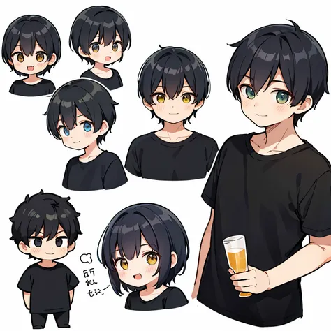 1 adult male，Short Hair,  short hair,Black Hair, Chibi, No background, yellowＴshirt, whole body, One person, Chibi style, Short hair, smile, Various expressions, smile, Various reactions,