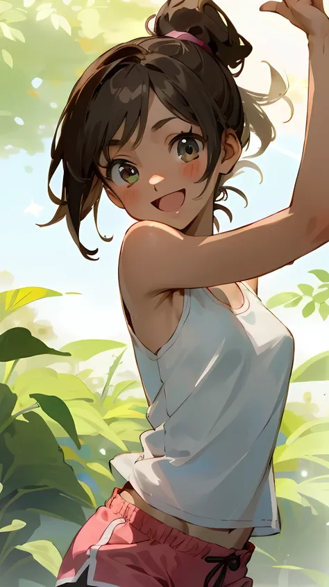 Best quality, highly detailed, dynamic lighting) Brown haired girl, 1girl, 7years old, shoulder tan lines, beautiful, mischievous eyes, tomboy, small to medium breasts, cheerful smile, white tank top, pink shorts, summer japanese forest,  bust shot, countr...