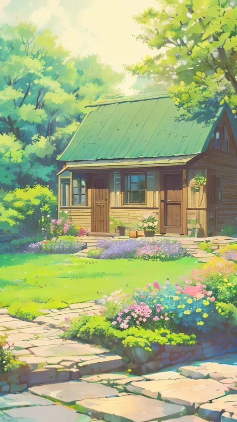 Create a high-definition, cottagecore-inspired artwork brimming with cozy, rustic charm. Imagine a quaint countryside cottage nestled amidst rolling meadows, with wildflowers blooming along stone paths and ivy climbing the walls. Include charming details l...