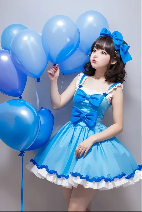 a  girls, ((she is blowing blue balloons)) , real photo, (((full body))), (looking down at me),  bob hair, big ribbon on he hair, (lolita dress), 