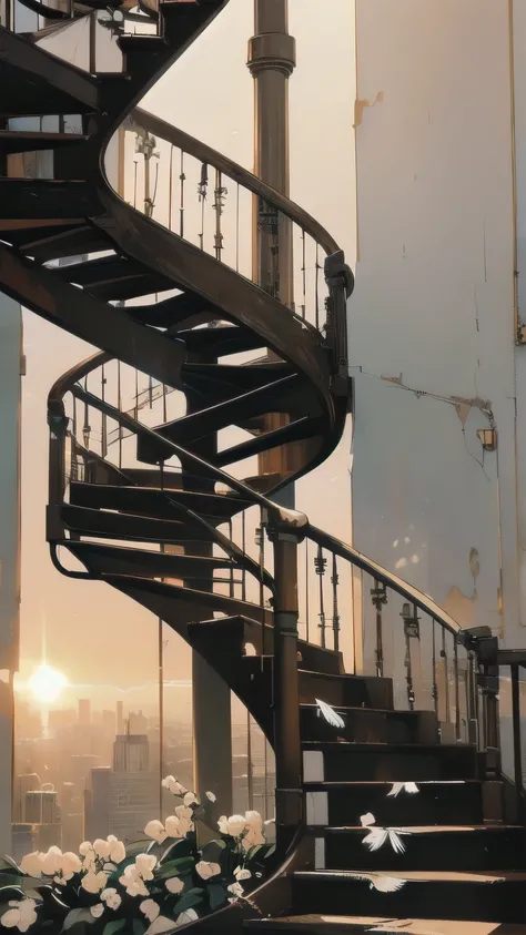 (((Masterpiece, top quality))), (((32K wallpaper))), (((rusted and collapsed spiral staircase outside))), best detailed background, (((no humans))), (((sunset)))), (((white flowers on spiral staircase outside)))), various angles, (((gorgeous light leak )))...