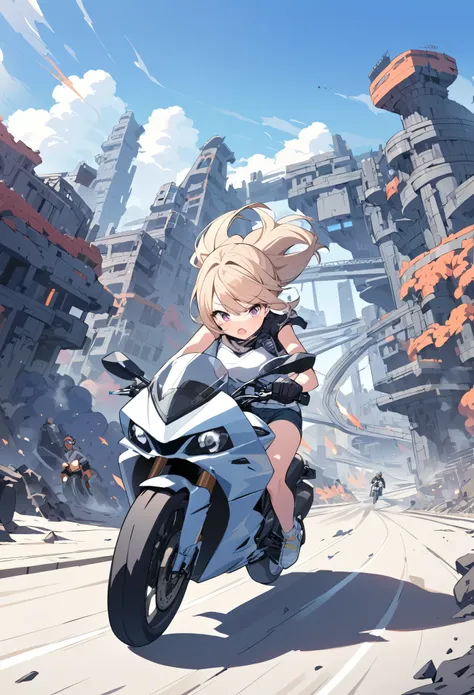  A Girl Rides a Motorcycle , Strong Dad on a Motorcycle Chases the Girl ,  shorts,  Complex Plumbing Structures , Volcanic City 
