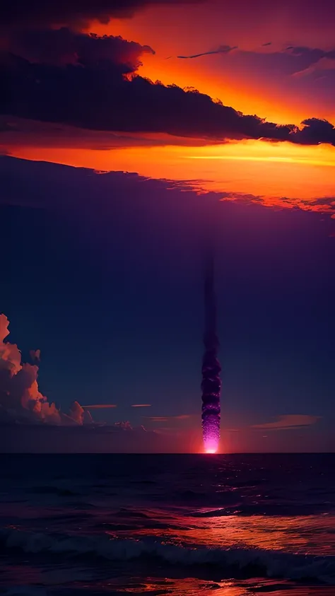 A purple nuclear bomb exploded in the middle of the sea at night, Orange sky.