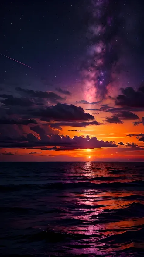 A purple nuclear bomb exploded in the middle of the sea at night, Orange sky.