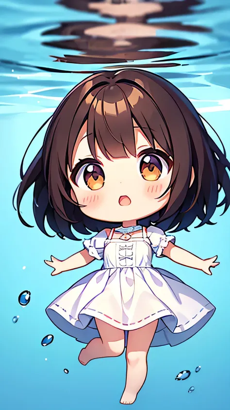 Chibi、girl、Bob Hair、brown hair、white dress、underwater、fullbody、White background