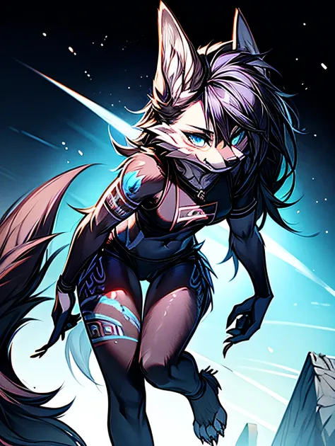 Black Jackal Girl,  High Definition Dark Black Fur, cuerpo completo, add_Detail:1, black fur,kitsune ears,  tribal tattoo add_Detail:1,, blue lock in hair,cosmic space landscape, pretty girl add_Detail:3 18-year-old girl , black short lycra, black metal t-...