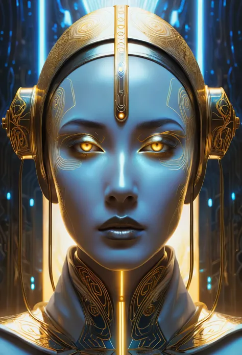 A humanoid cybernetic oracle with smooth, dark, matte metallic skin that appears almost organic, adorned with intricate, glowing golden circuitry resembling ancient arcane symbols, pulsing with a warm, ethereal light. Golden eyes gaze serenely, as if in de...