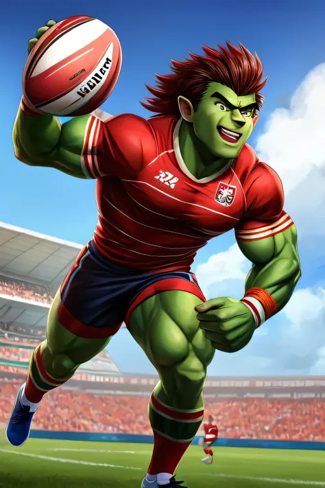 A muscular Vine rope man running with a rugby ball wearing a green and  red stripe jersey name Warowarona
