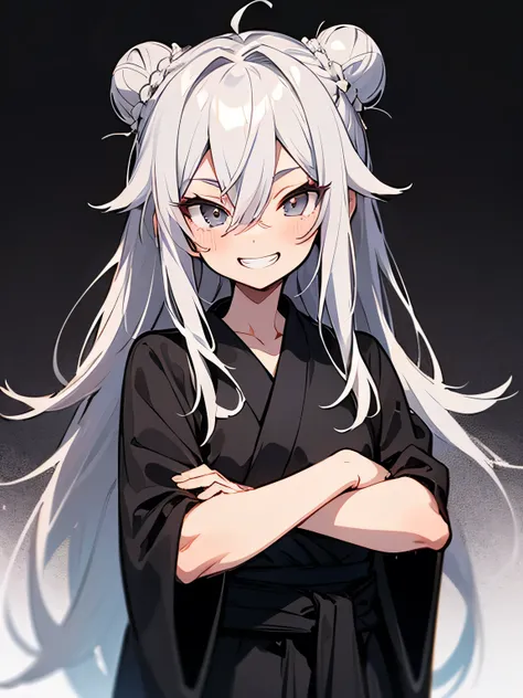 chibi,solo,upperbody,(silver long straight bun ,back long hair, hairs between eyes),tsurime,gray eyes,(grin),crossed arms,black robe,model pose,(manga style),(sketch),(illutration)