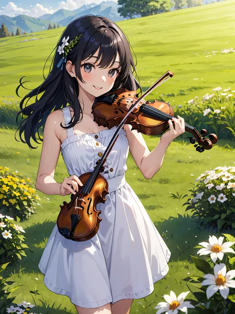 cute 1 girl, violin playing, smile, slim, dress, outdoor, in nature, mountain々,  grassland, flower, null, floating hair