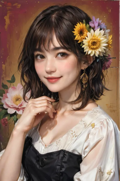 309 (20-year-old woman), (  super realistic), ( High image quality ), ((  short hair)), (A kind smile), (Big Breasts), (Rembrandt), (Floral) , (colorful)