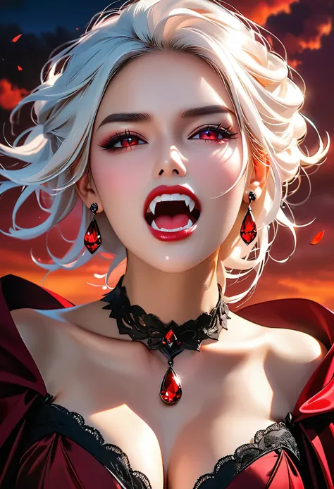 (Masterpiece, highest quality, Best Quality, Beautiful and aesthetic:1.2), portrait of an exotic, beautiful female vampire, (ultra-detailed face:1.3), dynamic white hair, silver eyes, (open mouth showing sharp fangs:1.4), a single red teardrop made of bloo...