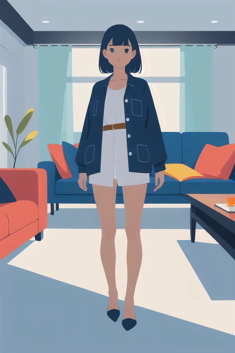   shadow flat vector illustration,masterpiece, is the best quality，1 Girl，Wearing loose clothing，In the living room ，