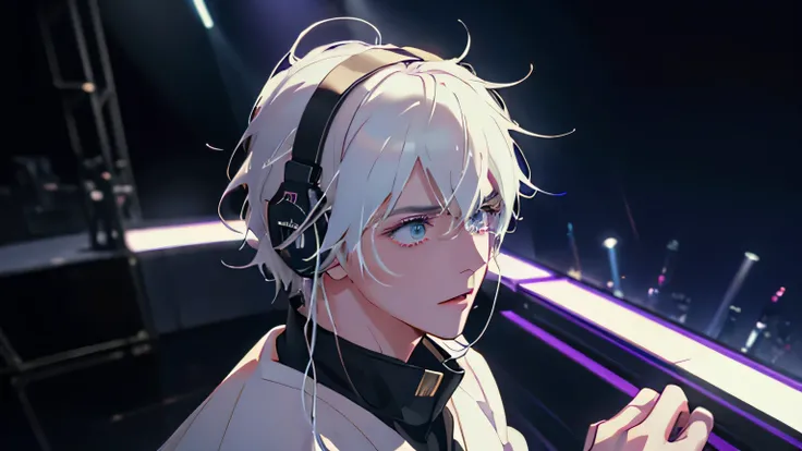 Male Vocalist、32K,Best Quality、High image quality、film quality、a beautiful detailed vocaloid Boy with  white hair, singing on a futuristic concert stage, wearing high-tech headphones, microphone in hand, ultra-detailed, 8k, photorealistic, cinematic lighti...