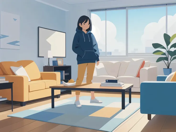   shadow flat vector illustration,masterpiece, is the best quality，1 Girl，Hoodie，In the living room ，