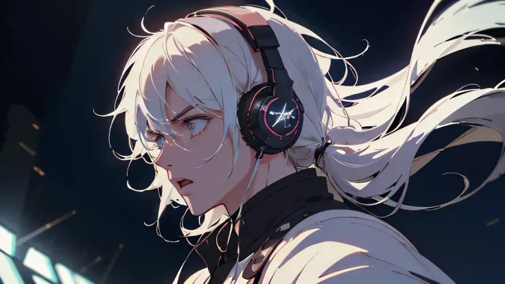 Male Vocalist、32K,Best Quality、High image quality、film quality、a beautiful detailed vocaloid Boy with  white hair, singing on a futuristic concert stage, wearing high-tech headphones, microphone in hand, ultra-detailed, 8k, photorealistic, cinematic lighti...