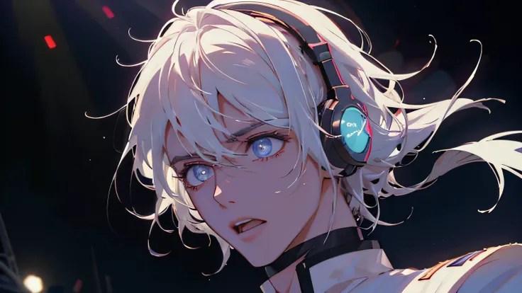 Male Vocalist、32K,Best Quality、High image quality、film quality、a beautiful detailed vocaloid Boy with  white hair, singing on a futuristic concert stage, wearing high-tech headphones, microphone in hand, ultra-detailed, 8k, photorealistic, cinematic lighti...