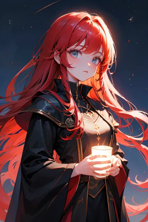  1 girl, Best Quality,Red Hair,Black Wizard Outfit , long hair, upper body,The background is the night sky, close-up ,  illustration where they are five tall and show off their , 