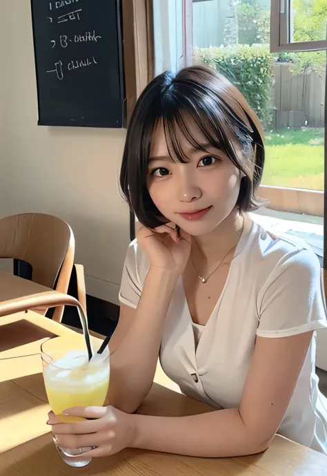 a young woman with middle short hair, sitting at a table, playfully sipping from a large glass of lemonade. her relaxed posture ...