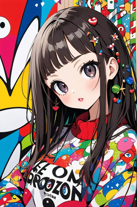  Ultra-realism Takashi Murakami colorful style,  simple line acronym ，Abstract art，(((The most beautiful girls))), Kind Face. Lips in Love, Pop and stylish design , Dark Eyes, (((Holiday Room))), (((Cute Protozoan)))