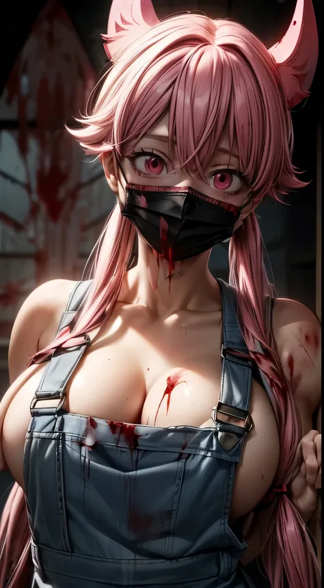 8k,best quality, masterpiece, naked overalls, yuno gasai, long hair, (pink eyes:1.5), pink hair, smile, low twintails, red eyes,...