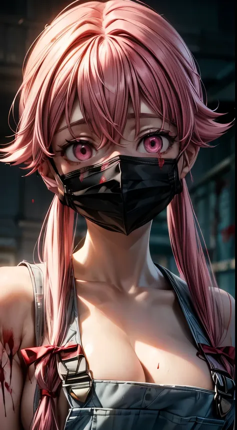 8k,best quality, masterpiece, naked overalls, yuno gasai, long hair, (pink eyes:1.5), pink hair, smile, low twintails, red eyes,...