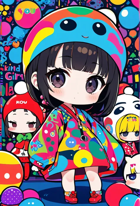  Ultra-realism Yayoi Kusama colorful style,  simple line acronym ，Abstract art，(((The most beautiful girls))), Kind Face. (((Chibi))), Pop and Kawaii design , Dark Eyes, (((Holiday Room))), (((Cute Protozoan)))