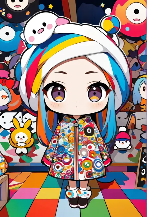  Ultra-realism Takashi Murakami colorful style,  simple line acronym ，Abstract art，(((The most beautiful girls))), Kind Face. (((Chibi))), Pop and stylish design , Dark Eyes, (((Holiday Room))), (((Cute Protozoan)))