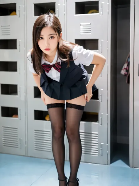 ulzzang-6500-v1.1, (RAW Photos:1.2), (Realistic), (Genuine:1.4), １girl、 Perfect Anatomy、Looking at the camera、 medium long hair 、Check vest、(( locker roomで衣服を脱いで着替える:1.3))、Take off, ( Super Real Pantyhose :1.2), (High heels)、(Business services)、((panty pull))、(Wear a skirt:1.2), Leaning Forward 、( locker room:1.2), wet panties ,beautiful, A natural woman ,nsfw:1.4, Photographed with a fisheye lens:1.4、outside,