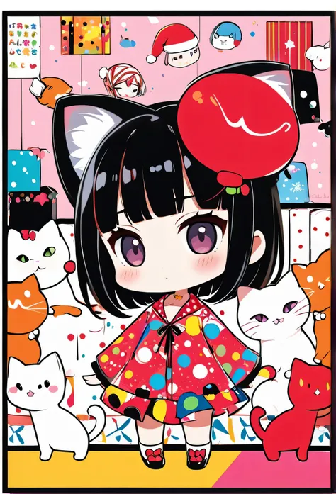  Ultra-realism Yayoi Kusama colorful style,  simple line acronym ，Abstract art，(((The most beautiful girls))),  (((Chibi))), Pop and Kawaii design , Dark Eyes, (((Holiday Room))), (((Cute cat)))