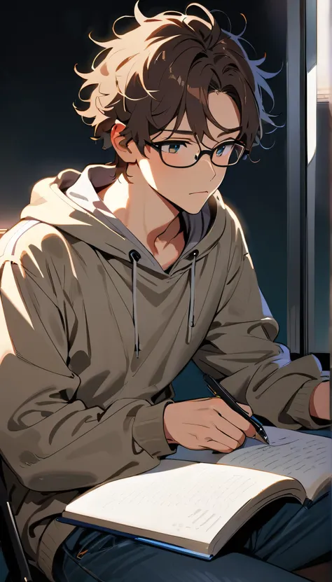    super high definition,1 person,   Handsome Man  ,  Knight ,Turn on the light to study ,Brown Hair, 23 years old,Glasses,Ultra-fine,Introvert,masterpiece, Reflected Light, khaki hoodie and jeans,Knightルーム, mechanical, Notes,pen,textbook,  best quality,Be...